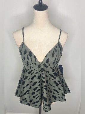 Olive Animal Print Peplum Tank Top-Size Medium